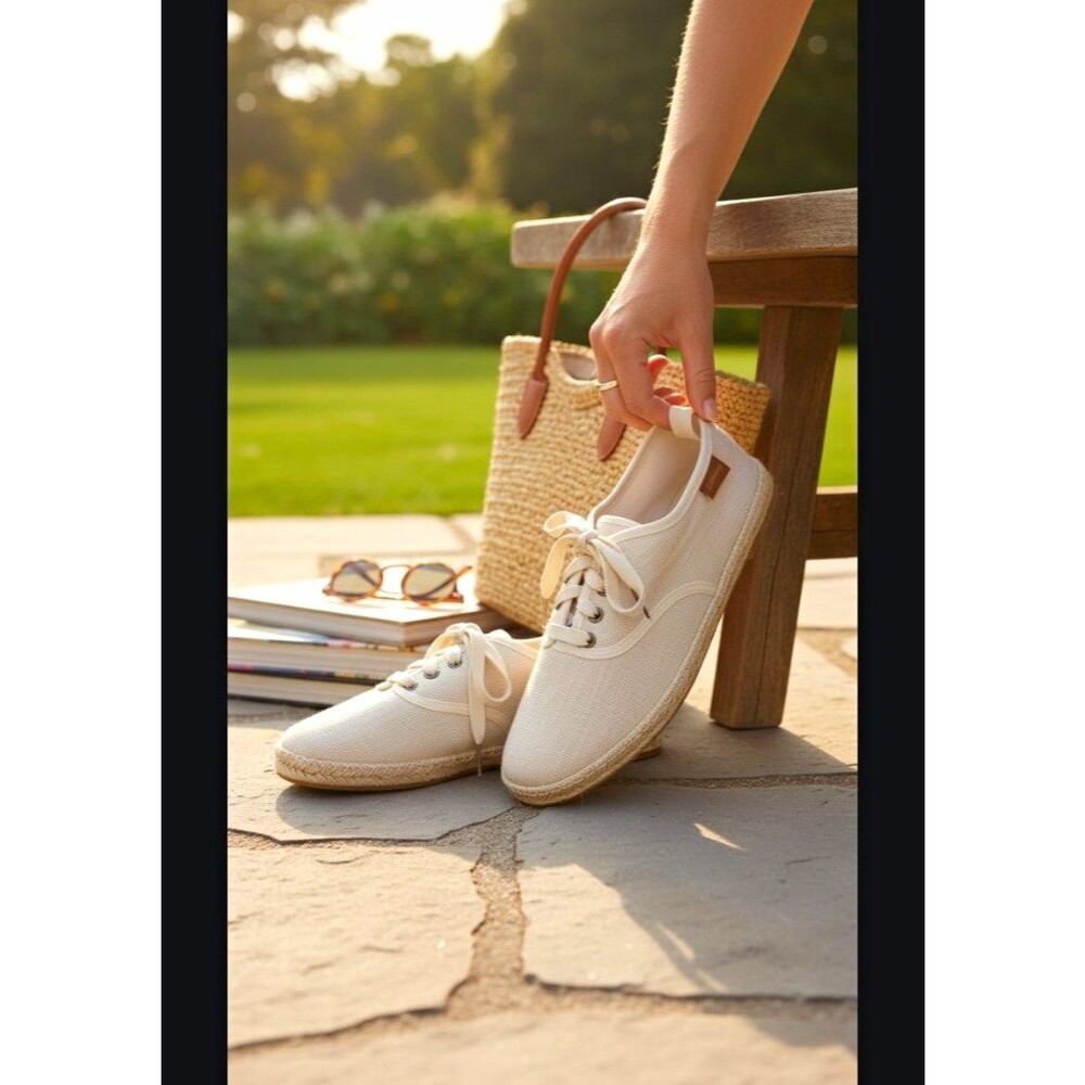 Beige Canvas Lace-Up Espadrille Shoes Rubber Sole Size US 10